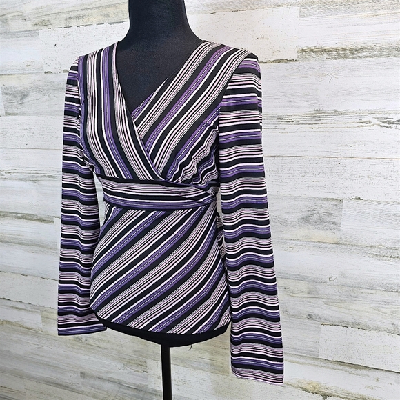 Y2K My Michelle Striped Wrap Top Long Sleeve V-Neck Retro Stretch Blouse Large - Picture 3 of 14